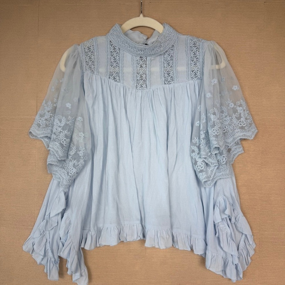 Easel Light Blue Lace Mock Neck Embroidered Mesh Sleeve Babydoll Blouse L